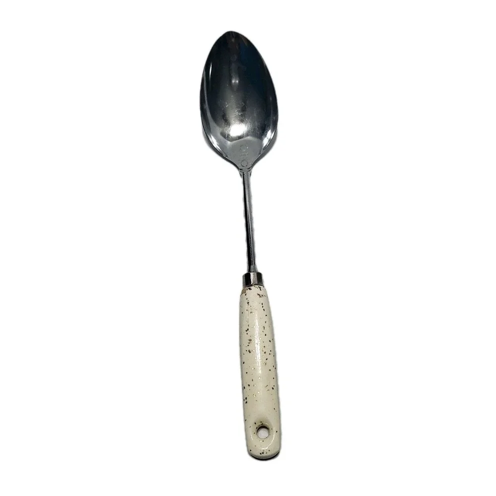 Vtg Ekco USA Chromium Plated Serving Spoon White Speckled Plastic Handle12.5